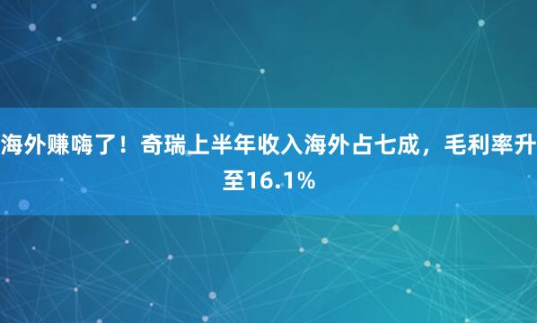 海外赚嗨了！奇瑞上半年收入海外占七成，毛利率升至16.1%